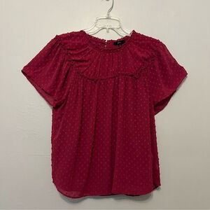 J Crew Gathered Bib‎ Top in Drapey Swiss Dot Berry  Wine ruffle lage
